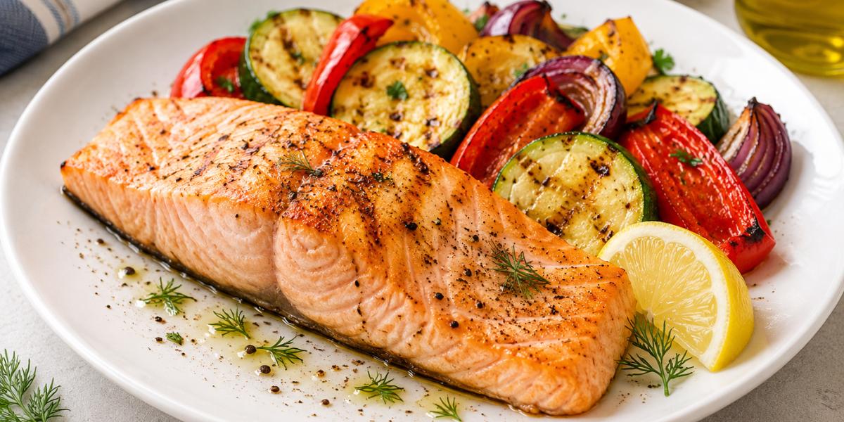 Filetes de salmón a la plancha acompañados de verduras