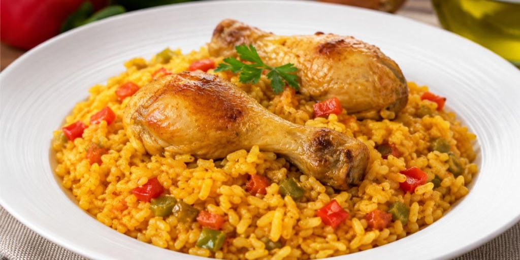 Plato de arroz con jamoncitos de pollo y verduras