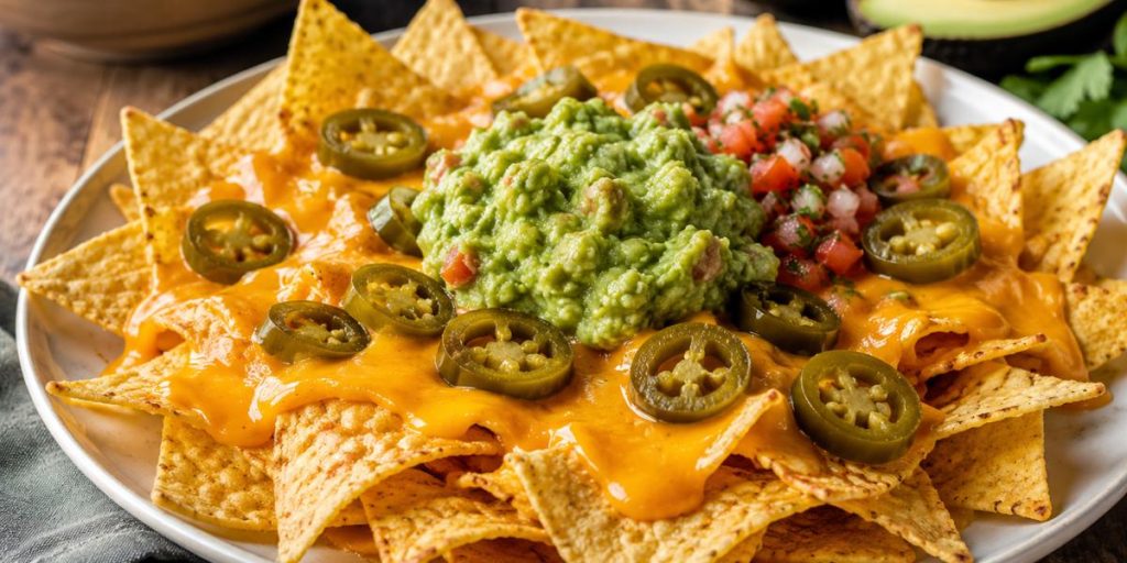 Plato de nachos con queso cheddar fundido, jalapeños y guacamole