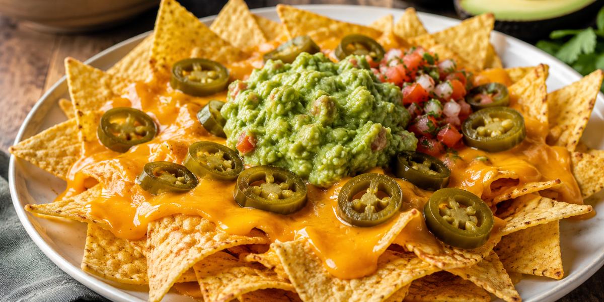 Plato de nachos con queso cheddar fundido, jalapeños y guacamole