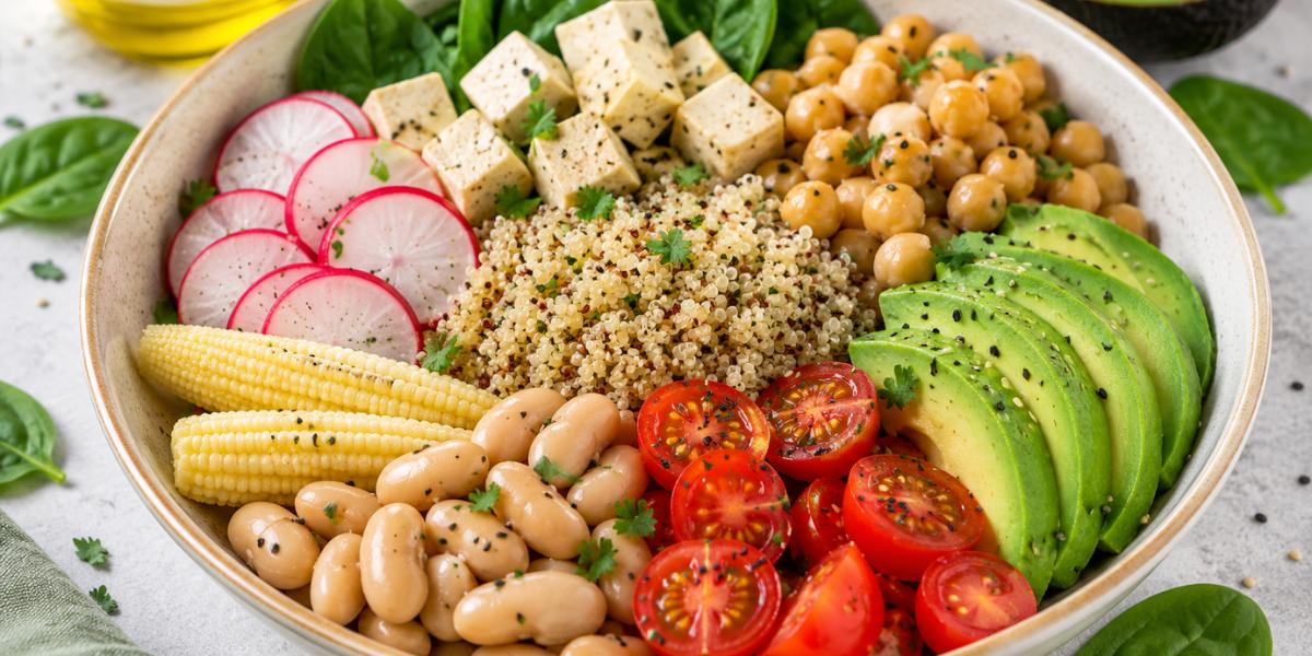 Bol de poke con alubias, garbanzos, tofu, quinoa y verduras frescas