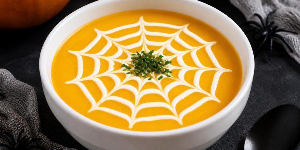 Crema de calabaza decorada con telaraña de nata para Halloween