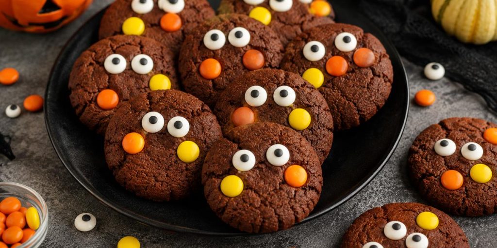 Galletas monstruo de chocolate decoradas para Halloween con ojos de caramelo