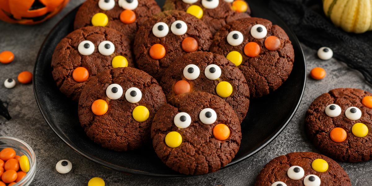 Galletas monstruo de chocolate decoradas para Halloween con ojos de caramelo