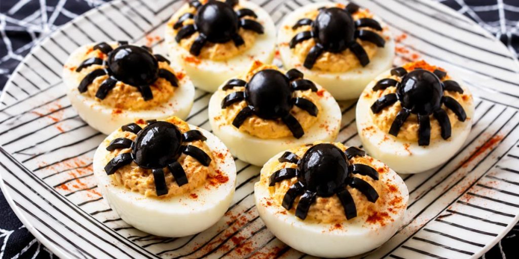 Huevos rellenos decorados con aceitunas negras en forma de araña para Halloween