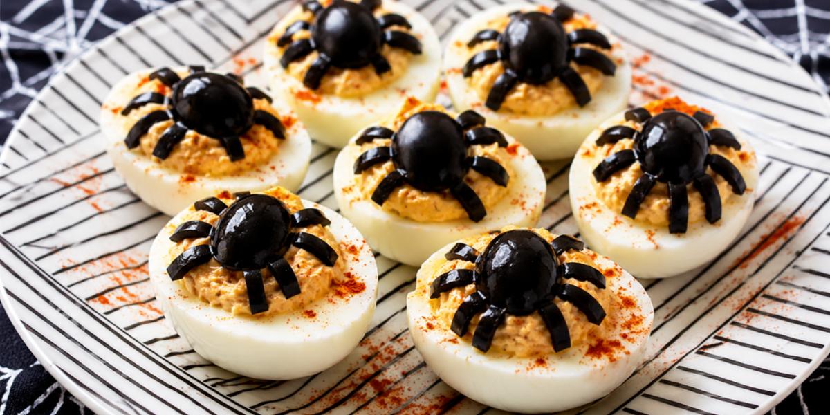 Huevos rellenos decorados con aceitunas negras en forma de araña para Halloween