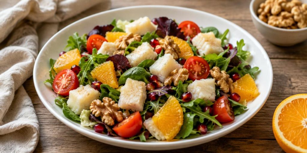Ensalada de bacalao con naranja, nueces y brotes frescos en plato blanco