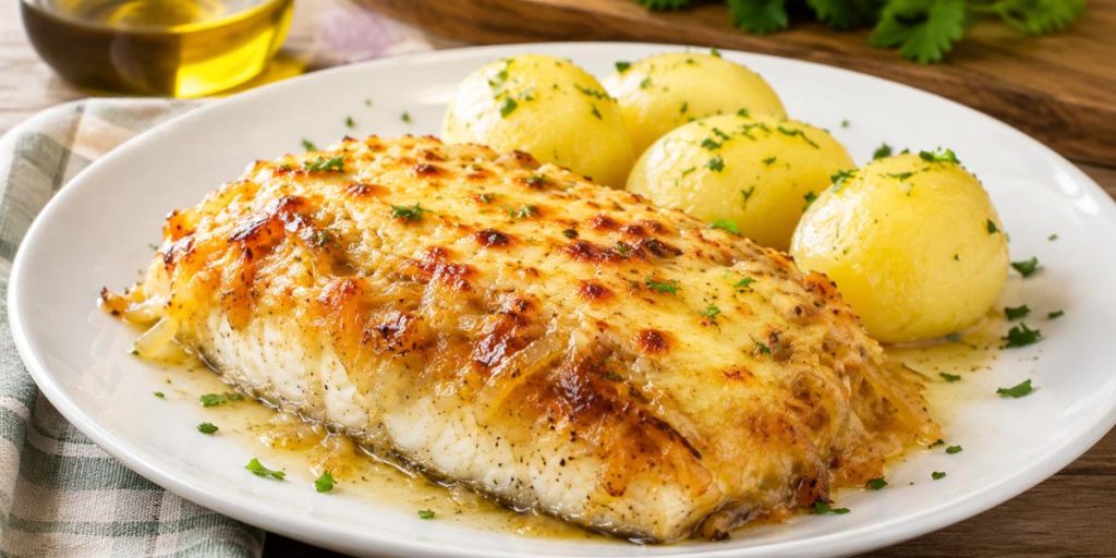 Merluza gratinada al horno con queso fundido y patatas pequeñas