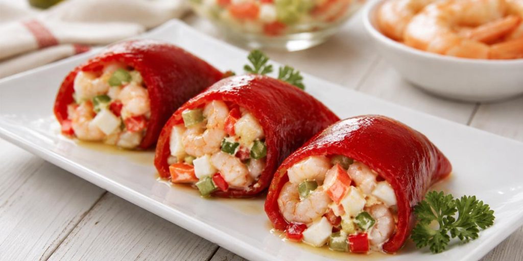 Pimientos del piquillo rellenos de langostinos y marisco servidos fríos