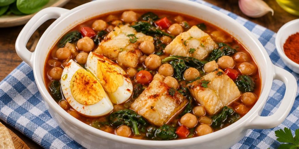 Potaje de garbanzos con bacalao, espinacas y huevo cocido