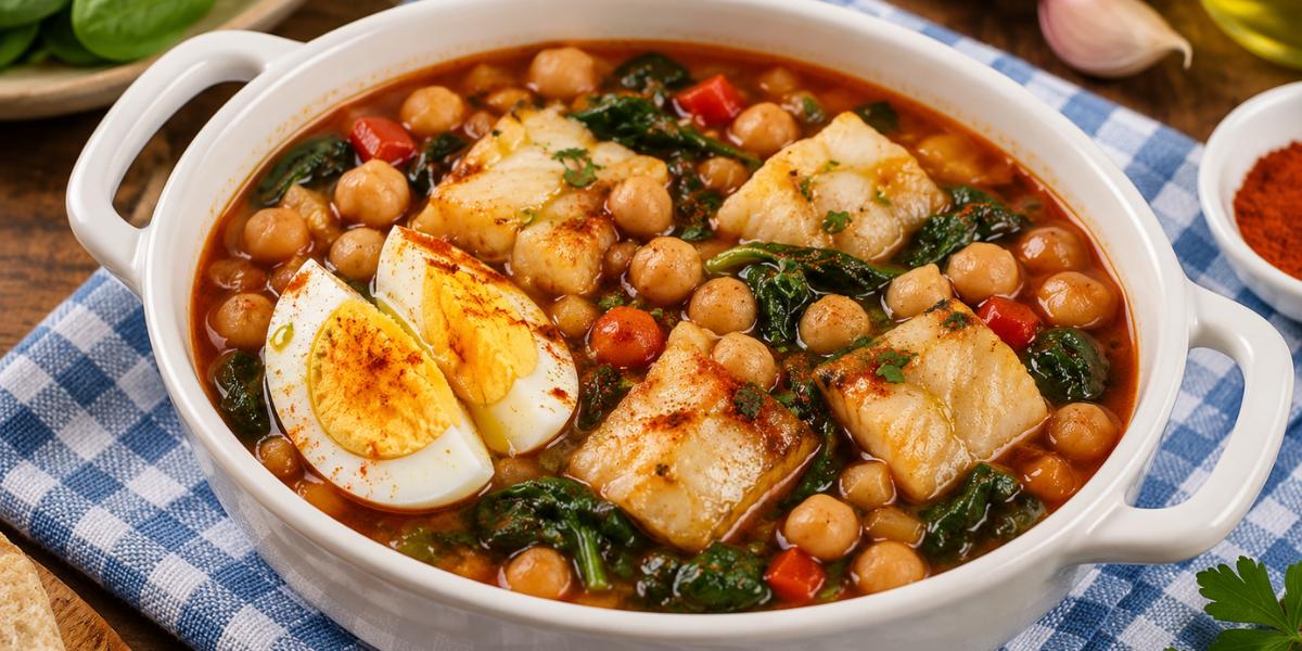 Potaje de garbanzos con bacalao, espinacas y huevo cocido