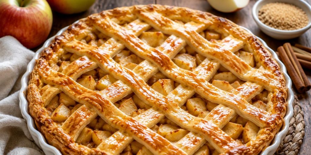 Tarta de manzana casera con masa enrejada y manzanas de temporada