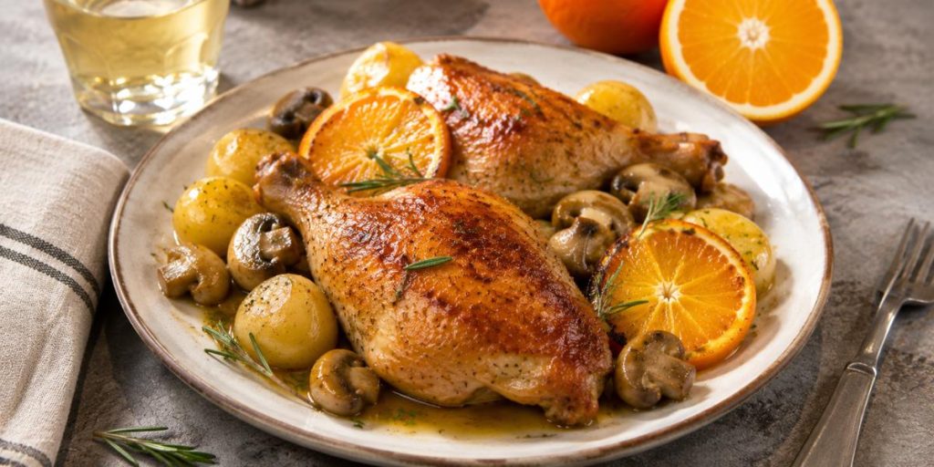 Traseros de pollo al horno con naranja, patatas baby y champiñones