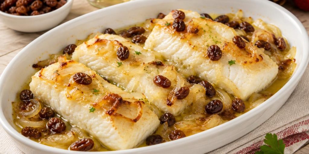 Bacalao al horno con pasas y cebolla caramelizada en fuente blanca