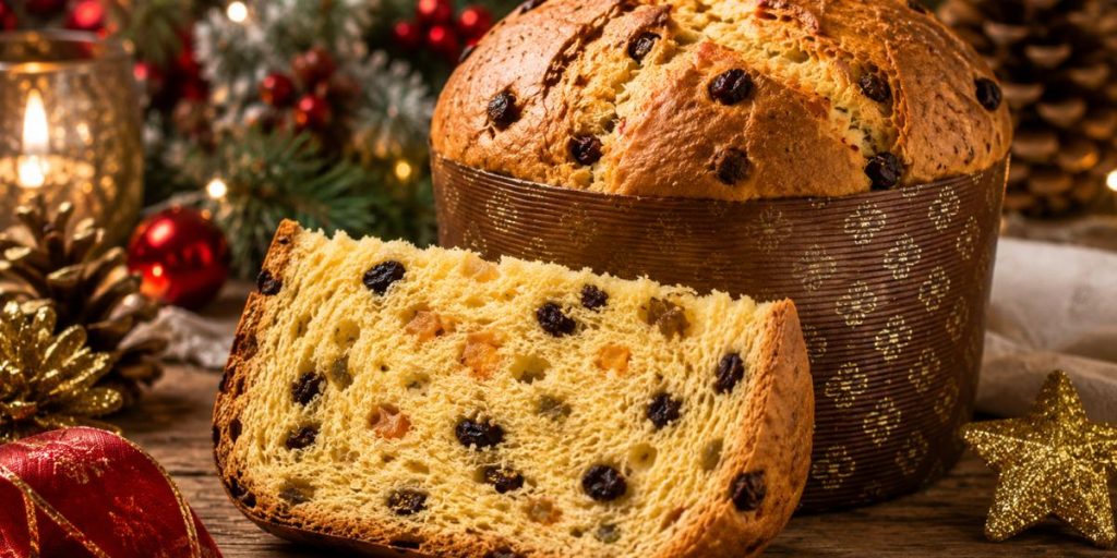 Bizcocho dulce de Navidad estilo panettone con frutas y pasas