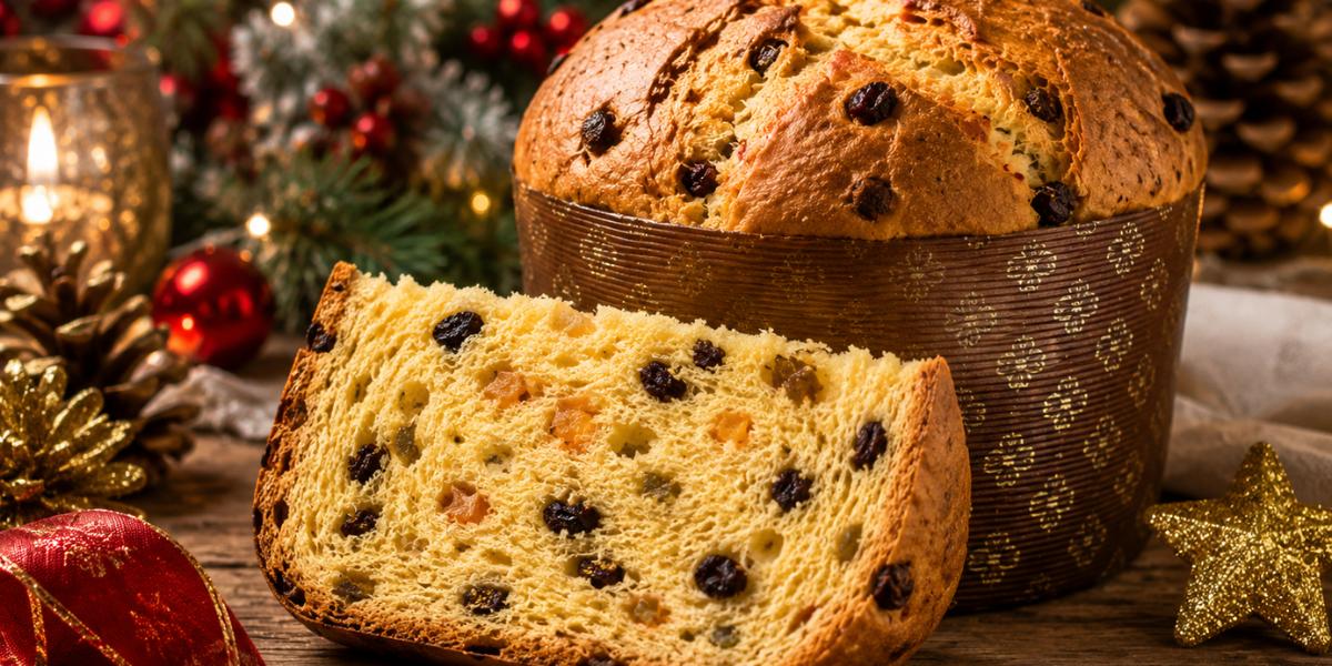 Bizcocho dulce de Navidad estilo panettone con frutas y pasas
