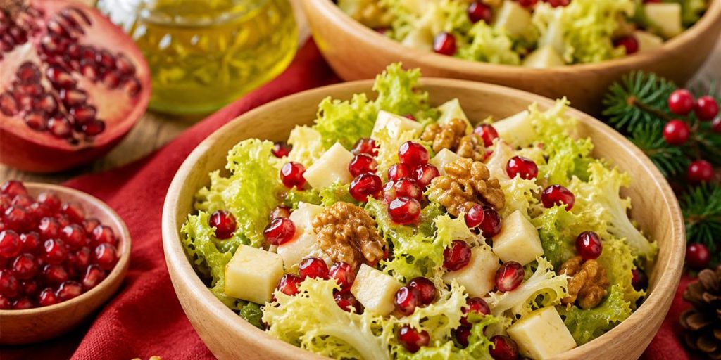 Ensalada de escarola con granada, queso y nueces servida en cuencos individuales