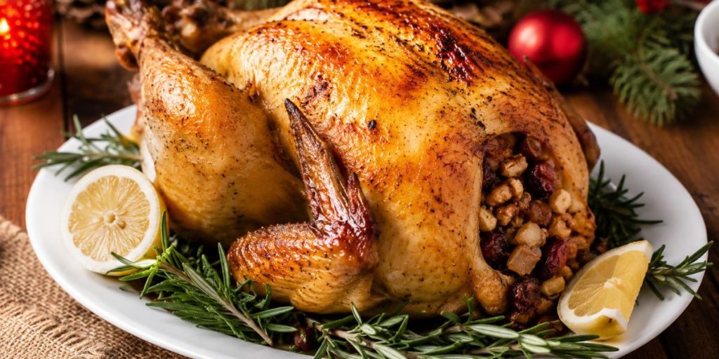 Pollo de corral relleno al horno con romero y decoración navideña