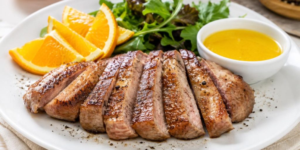 Secreto ibérico a la plancha con salsa de naranja y rodajas de naranja fresca