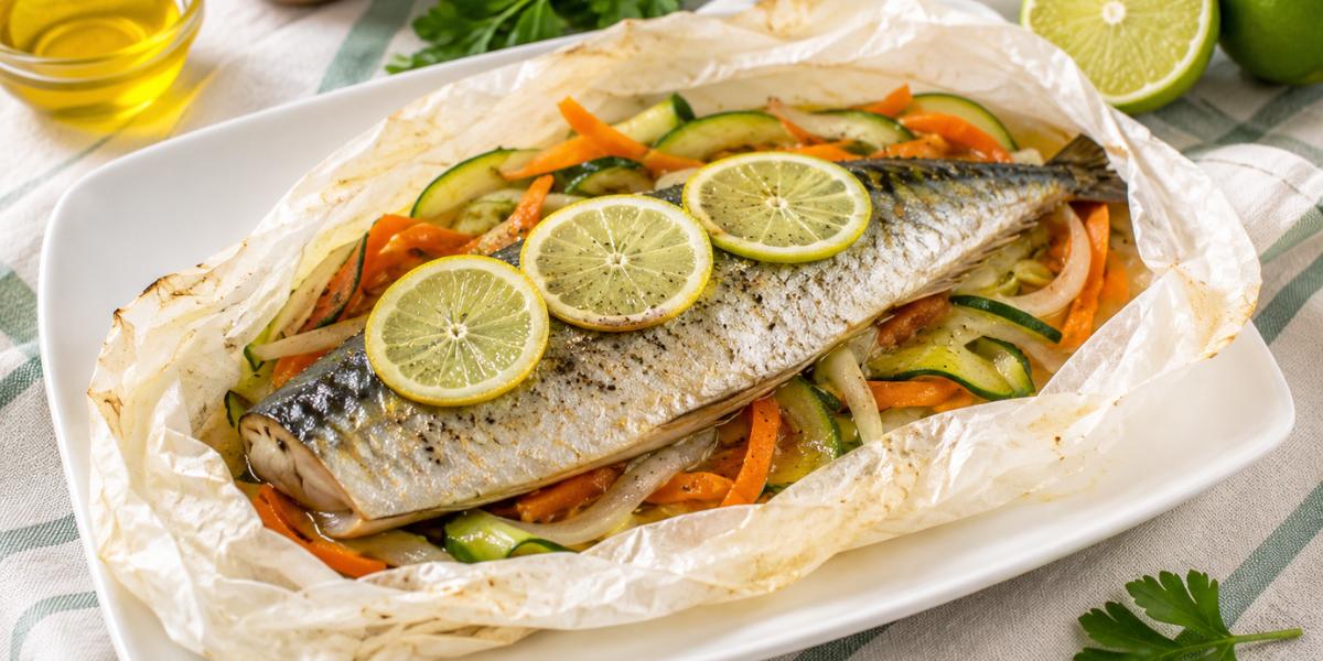 Caballa en papillote con verduras y rodajas de lima en plato blanco