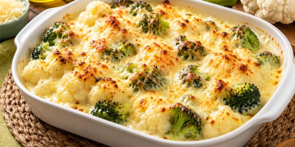 Brócoli y coliflor gratinados con queso en fuente blanca al horno