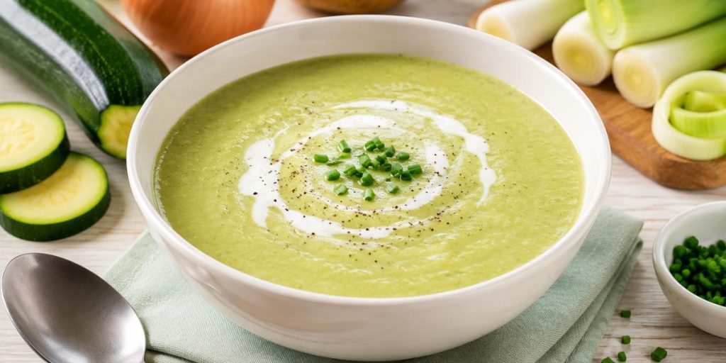 Crema de calabacín casera servida en taza blanca con puerro y eneldo