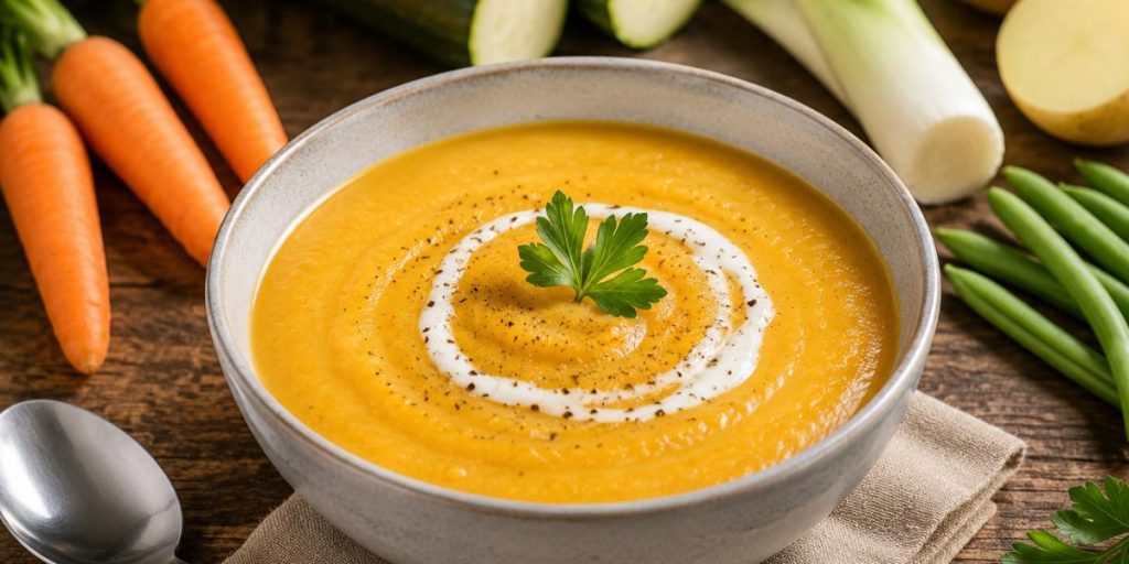 Crema de zanahoria y calabacín servida en cuenco gris sobre mesa rústica