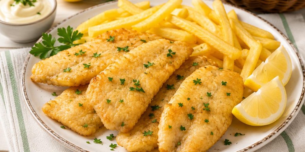 Filetes de lirio bacaladilla rebozados con patatas fritas y limón