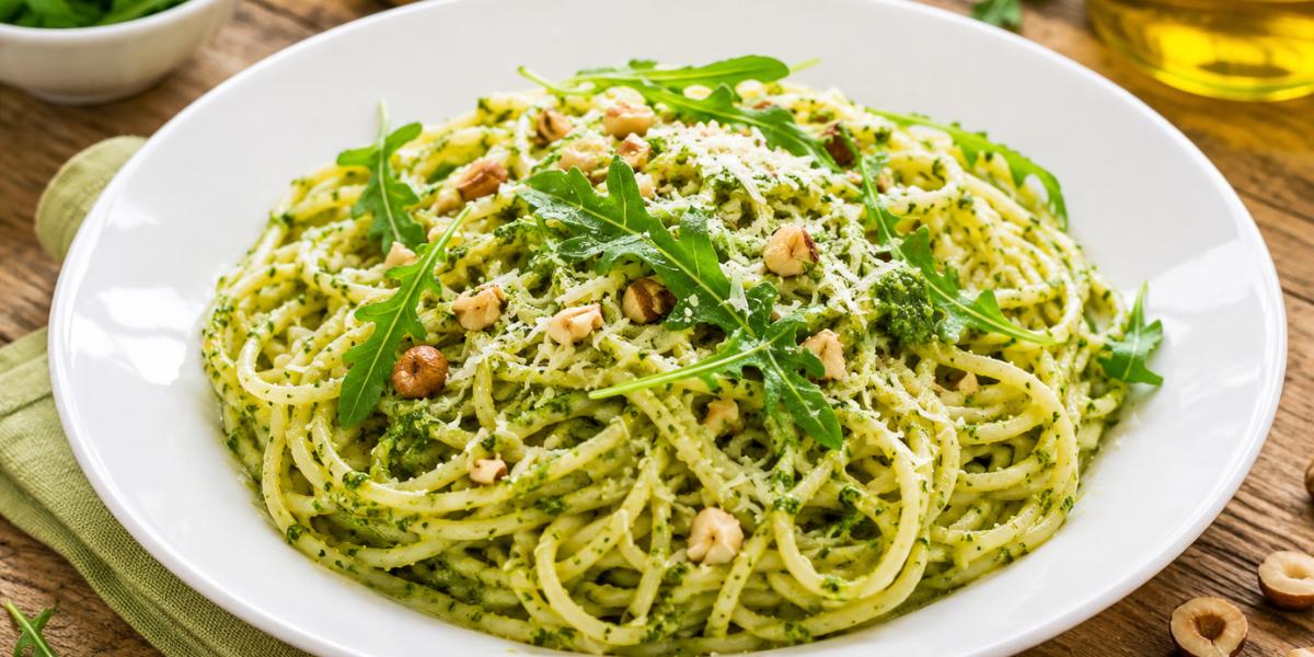 Pasta con salsa pesto de rúcula y avellanas servida en plato blanco