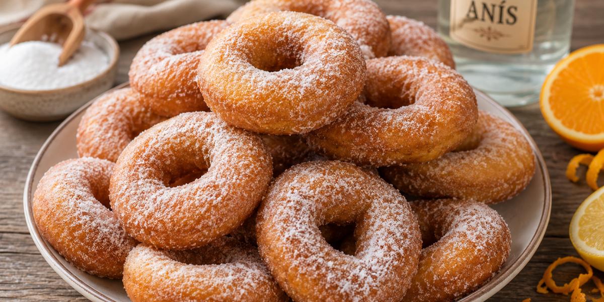 Rosquillas de anís caseras espolvoreadas con azúcar sobre mesa rústica