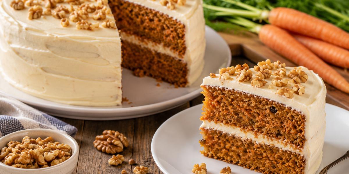 Porción de tarta de zanahoria casera con crema de queso y nueces