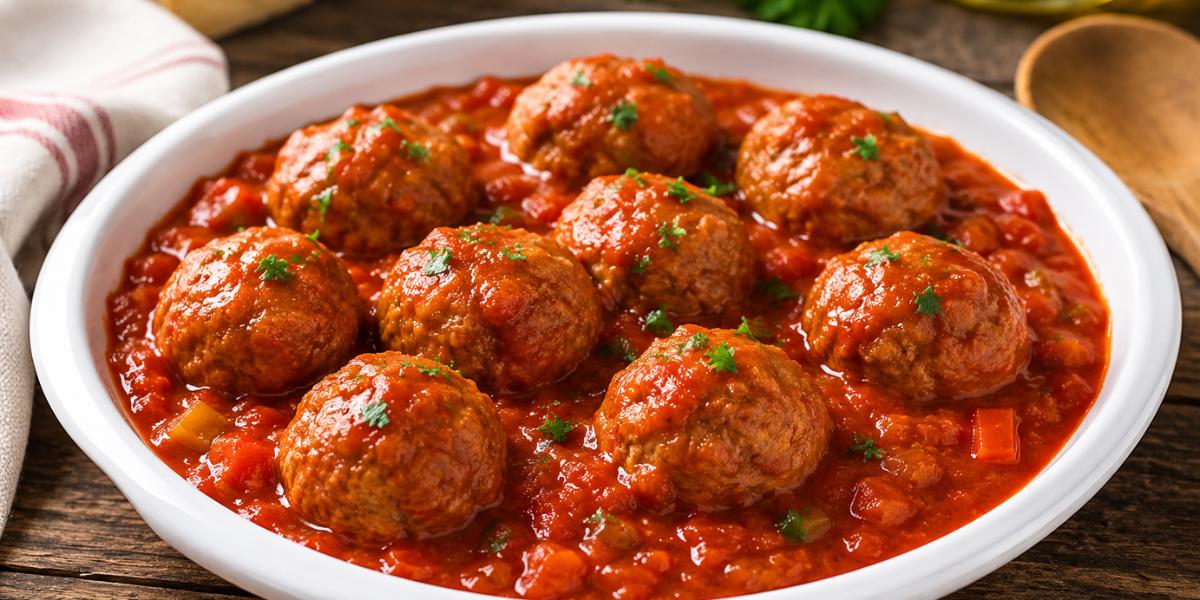 Albóndigas caseras con salsa de tomate servidas en fuente blanca