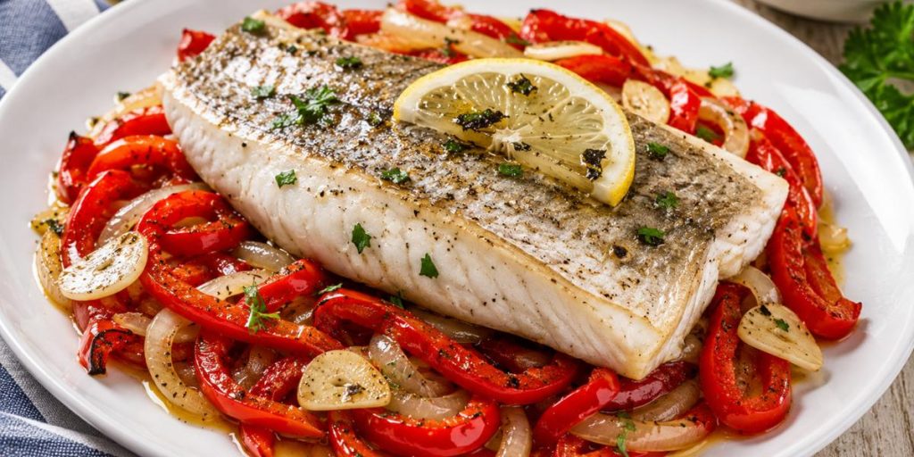 Lomo de corvina al horno con pimientos rojos servido en plato blanco