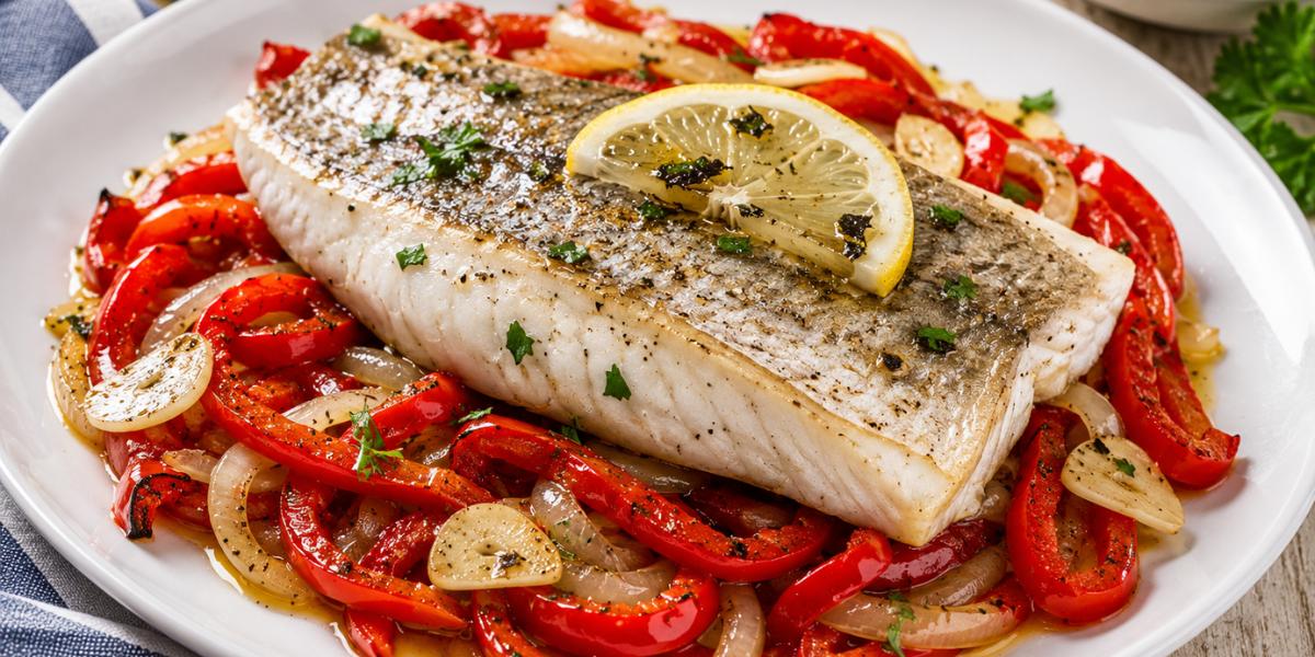 Lomo de corvina al horno con pimientos rojos servido en plato blanco