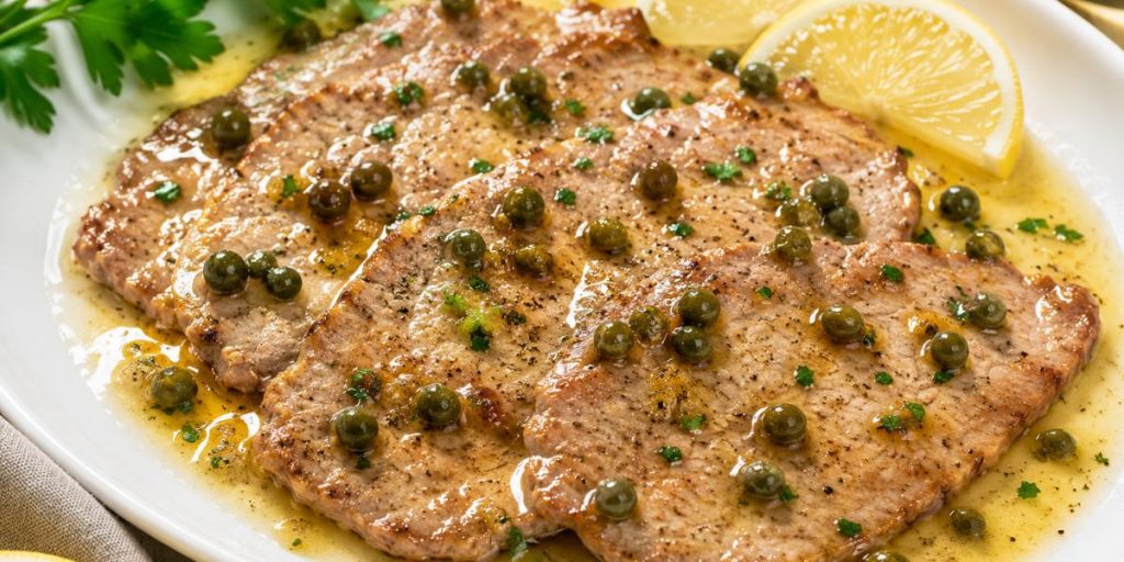 Escalopines de Ternera Gallega con salsa de limón y alcaparras servidos en plato blanco