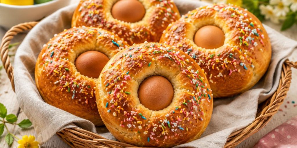 Monas de Pascua caseras con huevo cocido y fideos de colores en cesta de mimbre