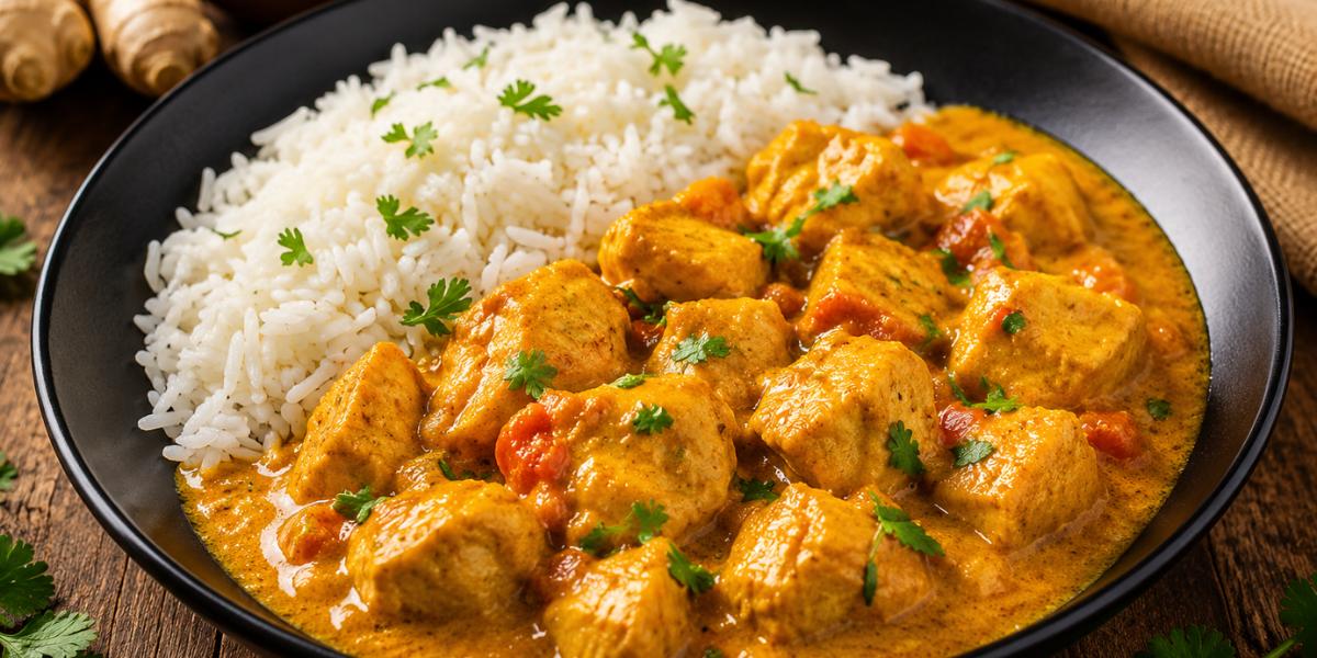 Pollo al curry cremoso acompañado de arroz basmati en plato negro