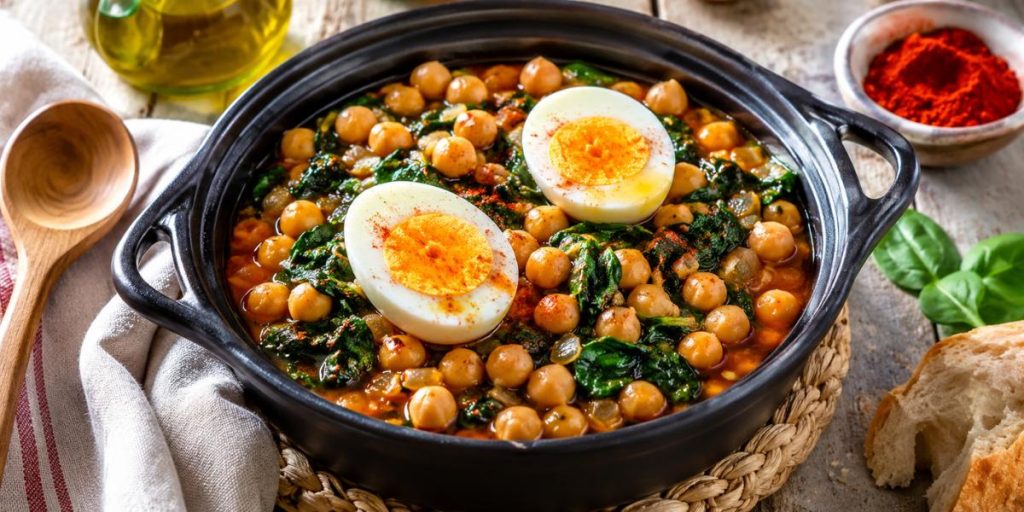 Potaje de garbanzos con espinacas y huevo cocido servido en cazuela negra