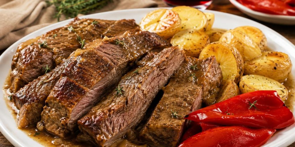 Carne de Ternera Gallega asada con patatas y pimientos del piquillo en plato blanco