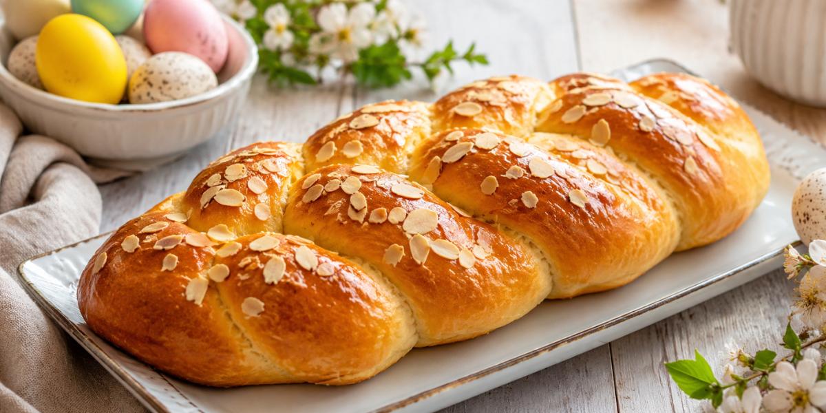 Trenza de Pascua casera con almendras laminadas sobre bandeja decorativa