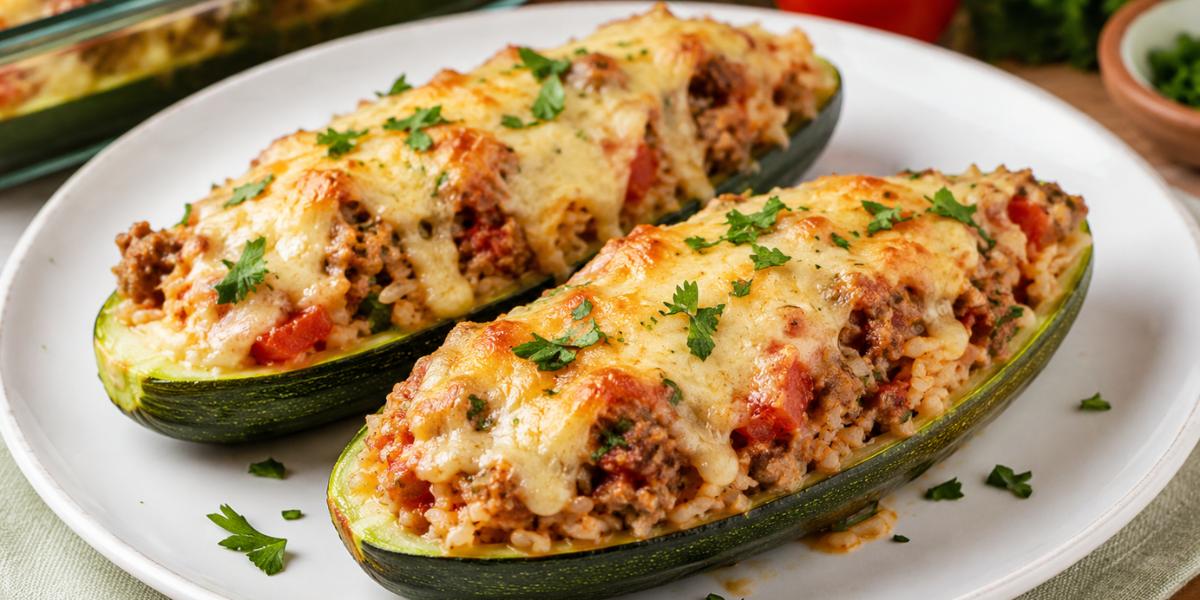 Calabacines rellenos con arroz y carne gratinados