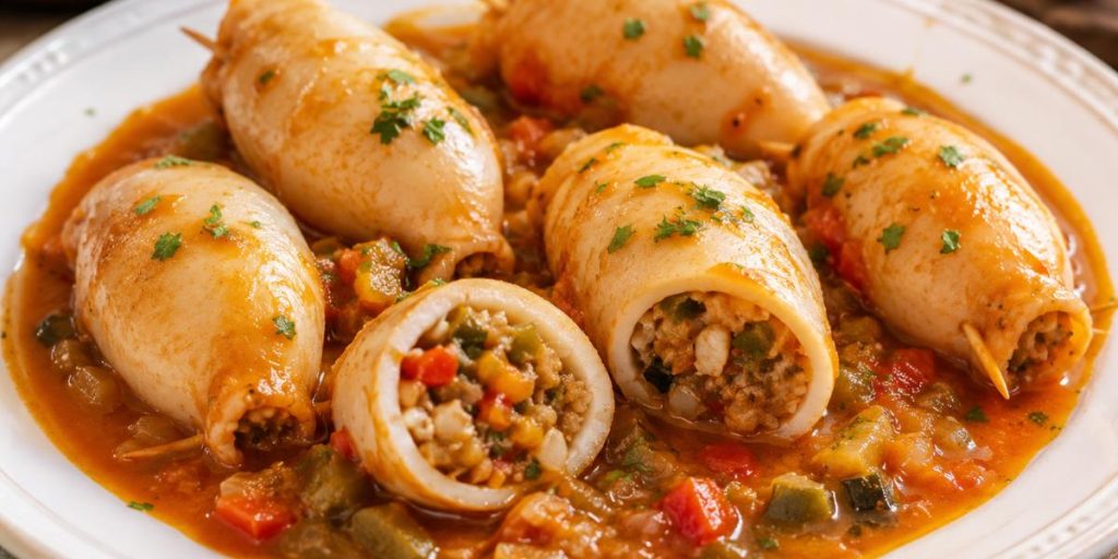 Calamares rellenos guisados con verduras y salsa casera