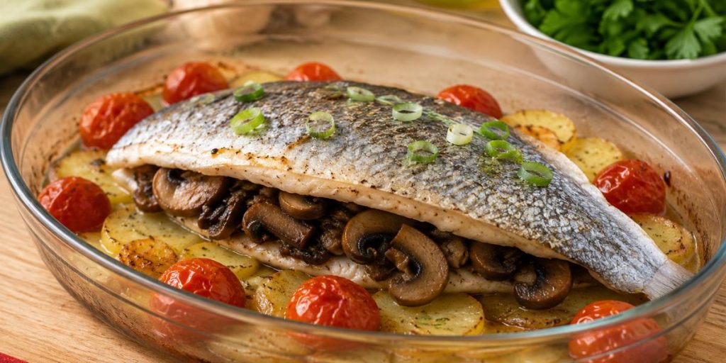 Dorada al horno rellena de champiñones con tomates cherry