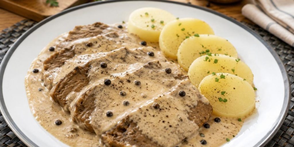 Seitán en salsa de pimienta con patatas cocidas