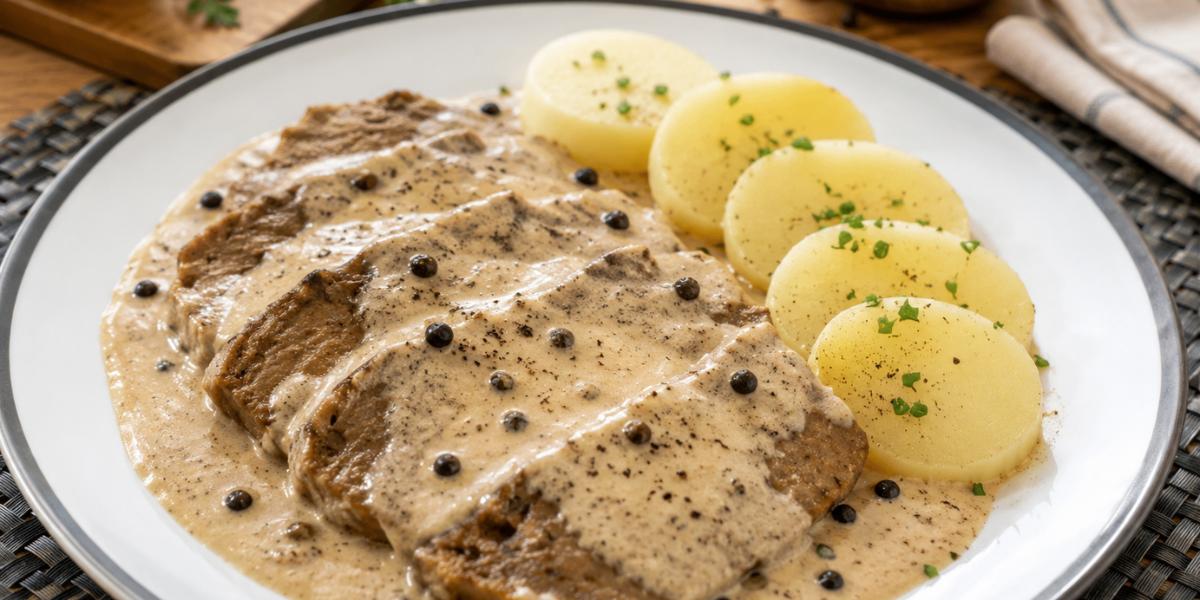 Seitán en salsa de pimienta con patatas cocidas