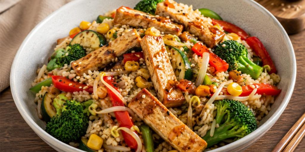 Wok de tofu con arroz y verduras salteadas
