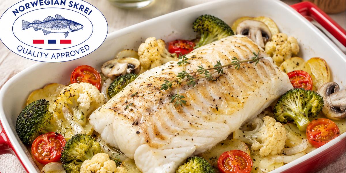 Bacalao Skrei al horno con verduras y patatas