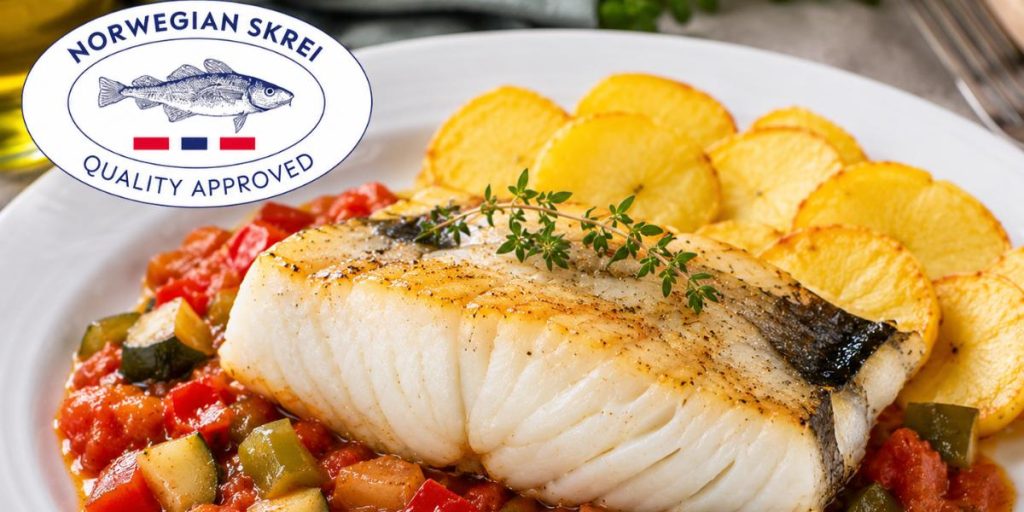 Bacalao Skrei con pisto de calabacín y patatas