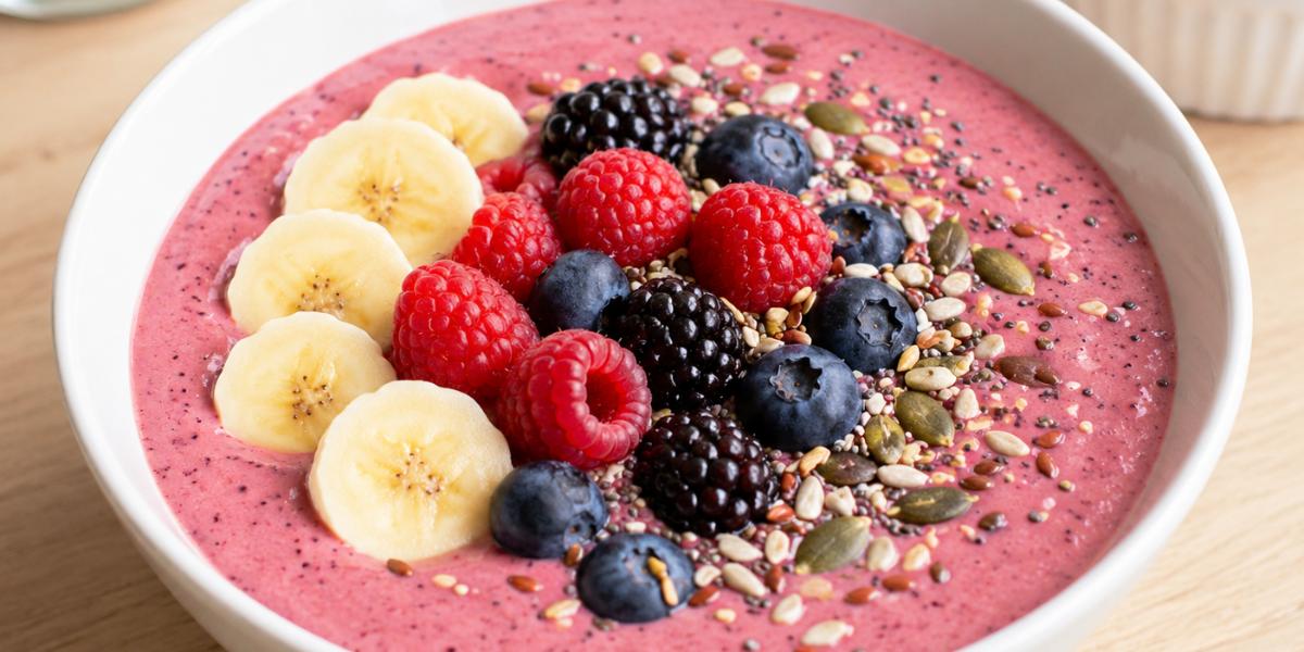 Bol de bebida vegetal con frutos rojos y semillas