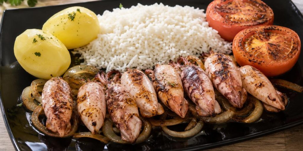 Calamar patagónico a la plancha con arroz y patatas